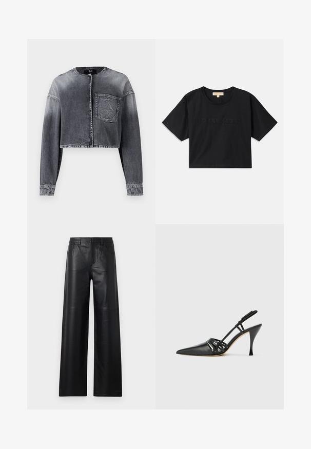 Gekürzte Jeansjacke in verblasstem Schwarz, mit langen Ärmeln, Rundhalsausschnitt, vorderer Knopfleiste und einer einzelnen Brusttasche.; Schwarzes, verkürztes T-Shirt aus Baumwolle. Hat einen runden Halsausschnitt und kurze Ärmel. "MICHAEL KORS" in passender Farbe auf der Vorderseite gestickt.; Weite schwarze Lederhosen mit glatter Textur, ausgestattet mit Fronttaschen, einem Knopfverschluss und dezenten Steppnähten.; Schwarze Leder-Slingback-Pumps mit spitzem Zehenbereich, über Kreuz verlaufendem Riemendesign und schmalem Stiletto-Absatz. Glatte Oberfläche und minimalistische Akzente.