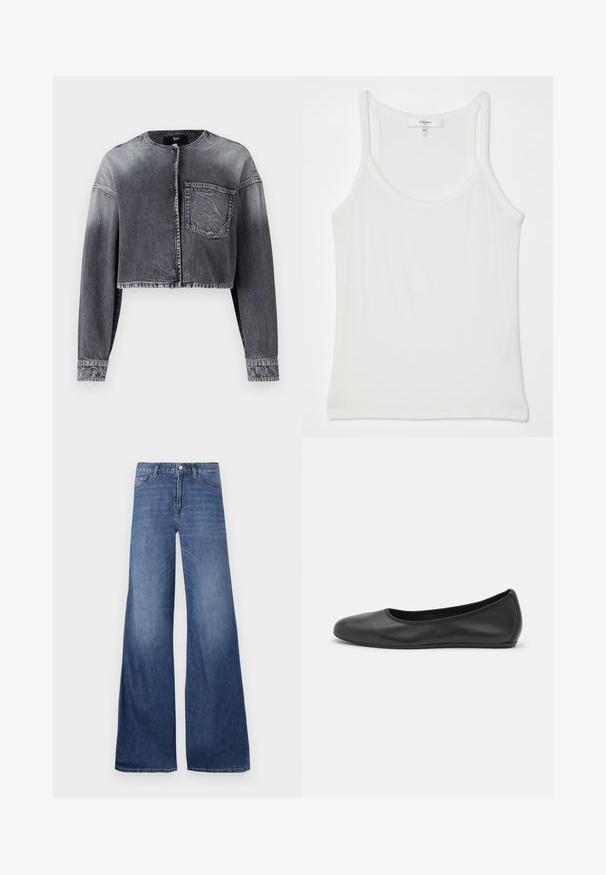 Cropped denim jacket in faded black, featuring long sleeves, a round neck, front button closure, and a single chest pocket.; White sleeveless tank top made of soft, ribbed fabric; features thin straps and a round neckline, tag reads "FRAME."; Wide-leg denim jeans in a medium blue wash, featuring five pockets, belt loops, and a button closure. Smooth texture with a slight fade.; Black leather ballet flat with a rounded toe, smooth texture, minimal stitching detail, and a flexible sole design.