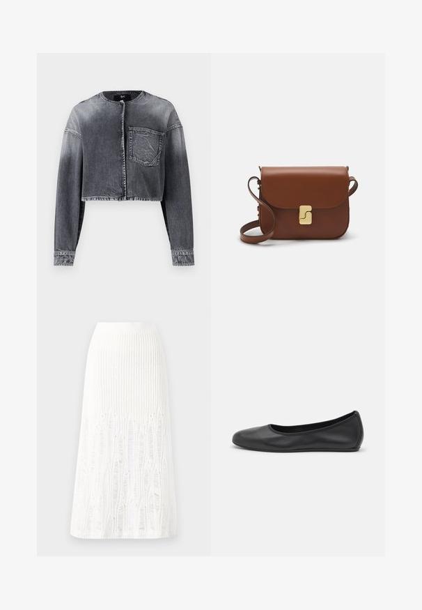 Izgriezta denimba jaka izbalinātā melnā krāsā, ar garām piedurknēm, apaļu kaklu, priekšējo pogu aizdari un vienu krūšu kabatu.; Balta īsām piedurknēm T-krekls, izgatavots no ribota auduma. Apaļš izgriezums, regulāra piegriezuma un diskrēti šuvumu detaļas. Bez printiem vai grafikām.; Adīts balts midi svārki ar teksturētu rakstu, kas ietver vertikālas līnijas un izgriezumus pie apakšmalas. Elastīgs vidukļa jostasvads. Mīksts materiāls.; Melna ādas baleta kurpe ar noapaļotu purngalu, gludu tekstūru, minimālu šuvju detalizāciju un elastīgu zoles dizainu.; Bordo ādas rokas soma ar atloku, zeltītām detaļām, plecu siksnu un gludu virsmu. Kompakta, taisnstūrveida forma.