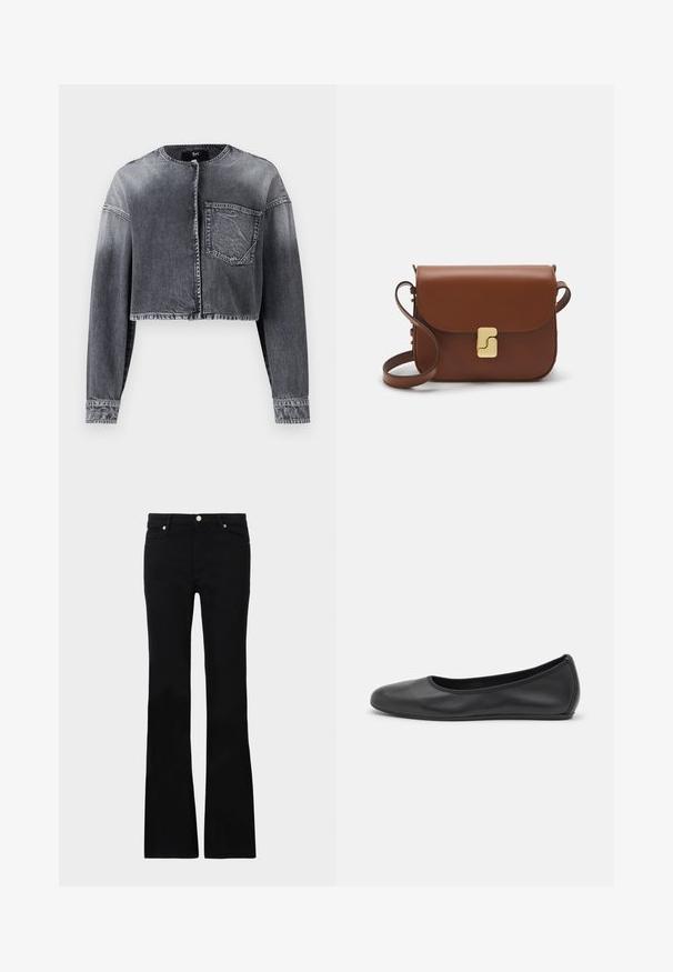 Šviesiai juodos spalvos džinsinė striukė, su trumpomis rankovėmis, apvaliu kaklu, priekyje užsegama mygtukais ir viena krūtine kišene.; Balta trumpa rankovėmis marškinėliai, pagaminti iš pasiruošusio audinio. Apvali iškirptė, reguliari tinkamumas ir subtilūs siuvimo detalės. Be raštų ar grafikos.; Juodi plačios kojų džinsai, pagaminti iš denimo, turintys dvi priekinės kišenes, užsegimą su mygtuku ir lygią tekstūrą. Išsiuvinėjimas matomas siūlėse.; Juodai odiniai baletai su apvaliu pirštu, lygi texture, minimalus siuvimo detales ir lanksčiu padų dizainu.; Ruda odinė rankinė su uždaromu dangteliu, aukso spalvos detalėmis, petneša ir lygiu paviršiumi. Kompaktiška stačiakampio formos.