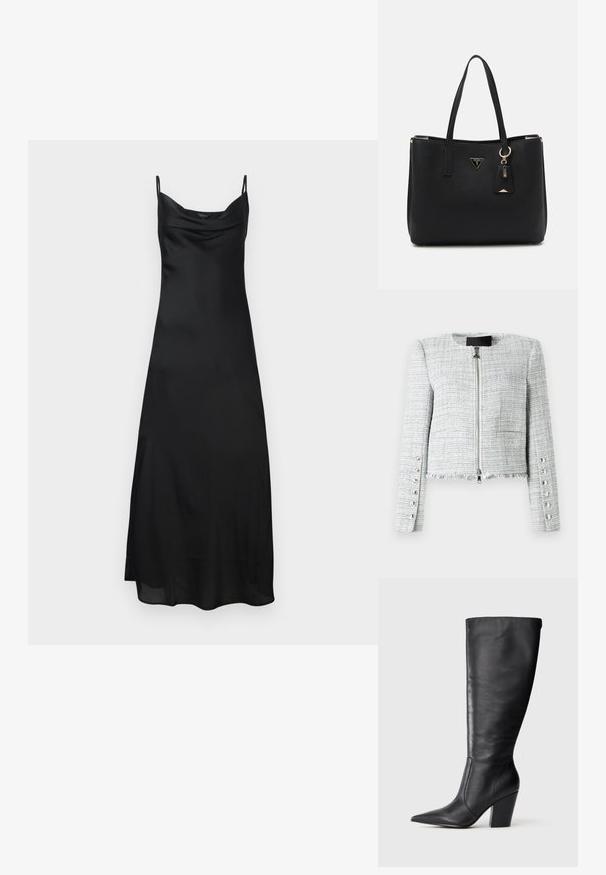 Gray tweed cropped jacket with a round neckline, front zip closure, and frayed hem. Features decorative silver buttons on sleeves.; Black satin slip dress with thin straps, cowl neckline, and a fluid silhouette. The fabric has a smooth, glossy texture.; Black knee-high leather boot with pointed toe and chunky high heel, shown in left side profile on white background.; Black tote bag made of textured synthetic material, featuring two handles, a gold logo plaque, and a small tag with an accent detail.