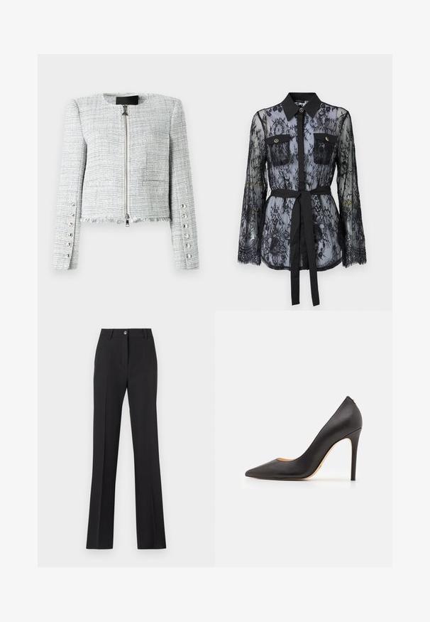 Harmaa tweed-takki, jossa on lyhennetty pituus, pyöreä pääntie, edessä vetoketjusuljenta ja purjehdushelma. Takissa on koristeelliset hopeiset napit hihoissa.; Mustapitsi pusero, jossa on pitkät hihat, napilliset rintataskut, klassinen kaulus ja kangasvyö sidottuna vyötärölle. Läpinäkyvä muotoilu.;  musta, räätälöity suoralahkeinen housu. Varustettu napilla suljettavalla vyötäröllä, vyönlenkeillä ja sileällä, mattaisella pinnalla.; Musta nahkainen korkeakorkoinen pumpun malli, jossa on terävä kärki ja sileä rakenne, ohut korko ja minimalistinen muotoilu.