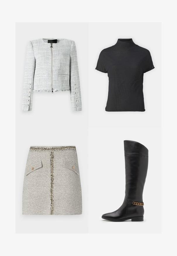 Harmaa tweed-takki, jossa on lyhennetty pituus, pyöreä pääntie, edessä vetoketjusuljenta ja purjehdushelma. Takissa on koristeelliset hopeiset napit hihoissa.; Musta lyhythihainen turtleneck-paita, joka on valmistettu kevyestä kankaasta, jossa on sileä rakenne ja tiukka muotoilu, ja siinä on korkea kaulus.; Kudottu tweed-hame valkoisen ja mustan herringbone-kuvion kanssa, jossa on kaksi etutaskua ja kultasävyinen vetoketju takana, jossa on kuluneet reunat.; Pitkiä mustista nahkasaappaista, joissa on tyylikäs muotoilu, terävä kärki ja kultaketjuakseli nilkassa. Matala lohko korko. Sujuva pinta.
