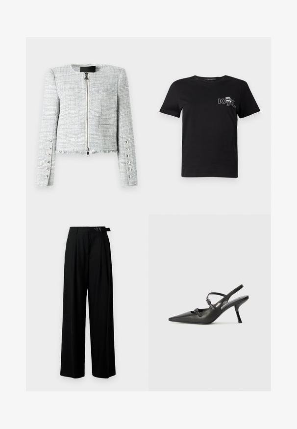 Grau meliertes, verkürztes Jacket mit Rundhalsausschnitt, vorderem Reißverschluss und fransigem Saum. Verfügt über dekorative silberne Knöpfe an den Ärmeln.; Schwarzes T-Shirt mit kurzen Ärmeln aus Baumwolle. Mit einem weißen Grafikdesign auf der Brust, das den Text "KARL" und eine stilisierte Figur zeigt. Rundhalsausschnitt.; Schwarze weit geschnittene Hosen mit hoher Taille, Falten an der Vorderseite und einem Gürtel mit Schnalle. Hergestellt aus glattem, leichtem Stoff.; Schwarzlederne Slingback-Absätze mit spitzer Zehenform, schlankem Absatz und dekorativem Schnallendetail auf dem Blatt. Glatte Textur und elegantes Design.