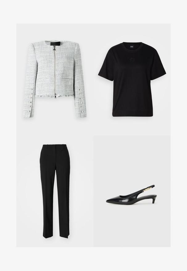 Grau meliertes, verkürztes Jacket mit Rundhalsausschnitt, vorderem Reißverschluss und fransigem Saum. Verfügt über dekorative silberne Knöpfe an den Ärmeln.; Schwarzes Baumwoll-T-Shirt mit Rundhalsausschnitt, kurzen Ärmeln und aufgesticktem Logo auf der Brust. Einfacher, lässiger Schnitt ohne Muster.; Schwarze, taillierte Hose mit geradem Bein, aus einem glatten Stoff und mit klaren Falten an der Vorderseite. Keine sichtbare Hardware.; Schwarze Leder-Slingback-Pumps mit spitzem Schuhblatt, ausgestattet mit einem schlanken Absatz und einem goldfarbigen Akzent am verstellbaren Riemen. Glatte Textur.