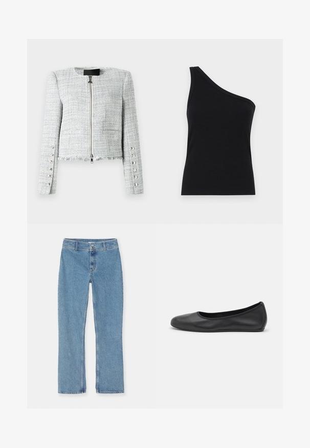 Giacca cropped in tweed grigia con scollo rotondo, chiusura frontale con zip e orlo sfrangiato. Presenta bottoni decorativi in argento sulle maniche.; Canotta nera a costine con spalla scoperta, dal design aderente e texture morbida. Presenta un taglio pulito e minimal e un collare liscio.; Jeans in denim blu chiaro con gamba dritta, chiusura con bottone e zip, passanti per cintura e cuciture standard su sfondo bianco.; Pantofole da balletto nere in pelle con punta arrotondata, texture liscia, dettagli di cucitura minimi e design con suola flessibile.