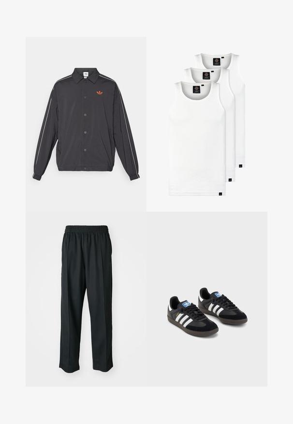 Casaco leve preto com fecho de botão, riscas laterais brancas e um pequeno logo laranja no peito. Punhos elásticos e colarinho.; Três tops em algodão de alças brancas com nervuras. Apresentam um decote redondo e pequenas etiquetas pretas perto da bainha. Disponíveis em vários tamanhos.; Calças atléticas pretas com um cós elástico, feitas de tecido suave, com costuras laterais discretas e um ajuste descontraído, design de perna reta.; Sneakers pretos com parte superior em camurça e sintético, apresentando três riscas brancas, sola de borracha texturizada e etiqueta azul no linguete.