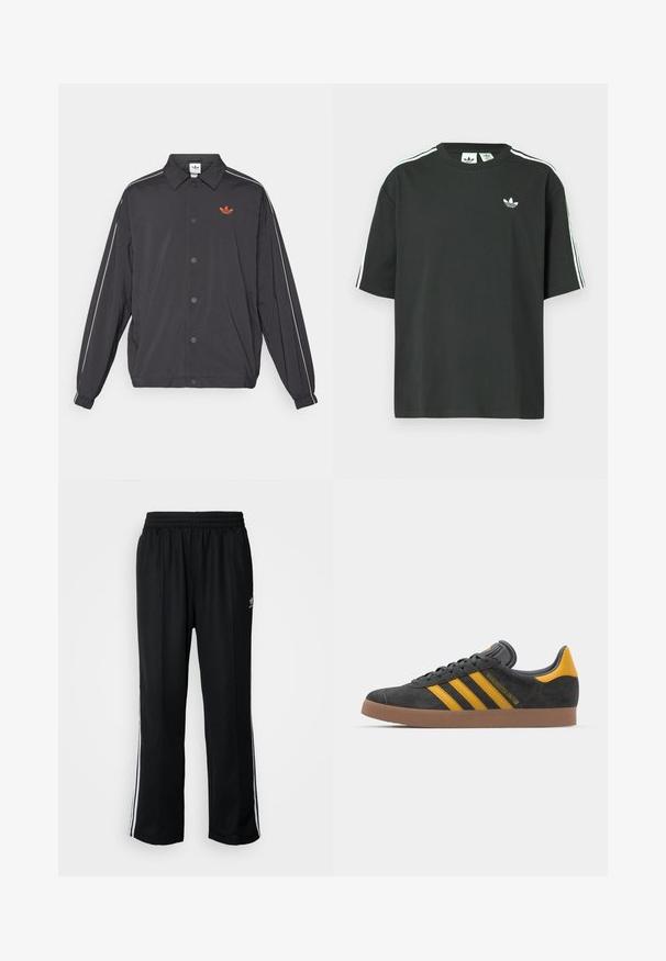Melna viegla jaka ar pogu aizdari, baltām sānu strīpām un mazu oranžu logotipu uz krūšu daļas. Elastīgas aproces un apkakle.; Melna kokvilnas T-krekls ar īsām piedurknēm, apaļu kakla izgriezumu un baltām trim svītrām uz pleciem. Uz krūtīm neliels balts logo.; Melni sporta bikses ar elastīgu jostas vietu, kurām ir baltas sānu svītras un neliels logotips. Materiāls izskatās mīksts un viegls.; Melnas zamšādas kedas ar dzelteniem akcentiem, kurām ir trīs svītras un brūna gumijas zole. Iekļauta mīksta valkāšanas tongue komfortam.