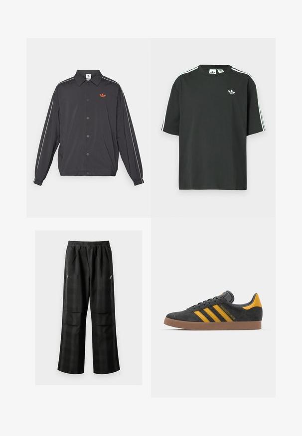 Jachetă ușoară neagră cu închidere prin buton, dungi albe pe laterale și un mic logo portocaliu pe piept. Mansete elastice și guler.; Tricou negru din bumbac cu mâneci scurte, guler rotund și detalii albe cu trei dungi pe umeri. Prezintă un logo mic alb pe piept.; Pantaloni cu un model carourile negre, având talie elastică, două buzunare frontale și un croi lejer cu picioare drepte. Construiți dintr-un material ușor.; Tenisi negri din suede cu accente galbene, având trei dungi și o talpă din cauciuc maroniu. Include un limba căptușită pentru confort.