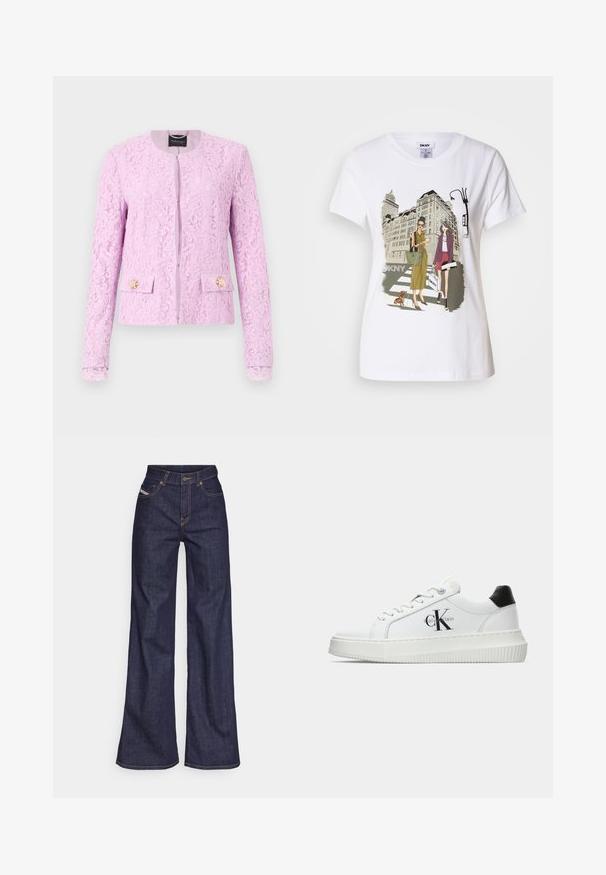 Čipkovaná bunda v pastelovej purpurovej farbe s okrúhlym výstrihom, predným zipsom a dvoma prednými vreckami so zdobenými gombíkmi v tvare kvetov.; Biela bavlnená tričko s potlačou ilútrácie dvoch žien v mestských módnych štýloch so psom na prechode a mestskými budovami.; Tmavomodré široké džínsy z denimu s vysokým pásom, zdobené oranžovým šitím, päť vreckovým dizajnom a zapínaním na gombík.; Biele nízke tenisky s čiernym pätkovým dielom, platformovou podrážkou, šnúrkami a logom "CK" značky Calvin Klein na boku.