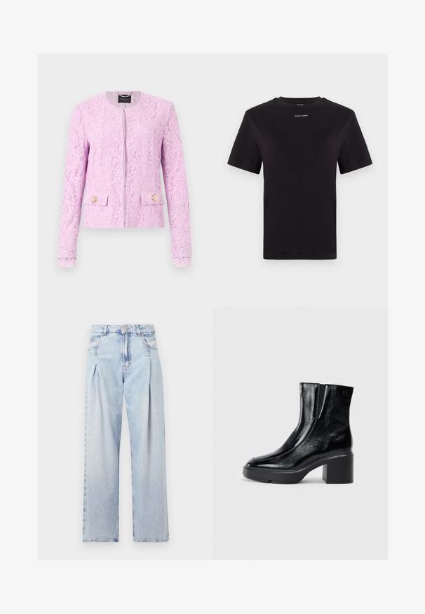 Giacca in pizzo di colore viola pastello con scollo rotondo, chiusura frontale con zip e due tasche anteriori con bottoni decorativi a forma di fiore.; T-shirt in cotone nero con maniche corte, colletto a girocollo e piccolo logo bianco "Calvin Klein" sul petto. Texture liscia, vestibilità classica.; Jeans in denim azzurro chiaro con vita alta, taglio a gamba larga, due tasche laterali e design plissettato. Texture morbida con una finitura sbiadita.; Stivali alla caviglia in pelle verniciata nera con punta curva, pannelli laterali elasticizzati e tacco robusto. Presentano un logo impresso sul retro.