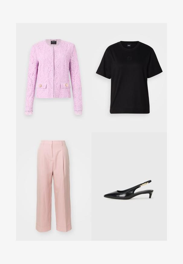 Krajková bunda v pastelové fialové barvě s kulatým výstřihem, předním zipem a dvěma předními kapsami s dekoračními knoflíky ve tvaru květin.; Černé bavlněné tričko s kulatým výstřihem, krátkými rukávy a vyšitým logem na hrudi. Jednoduchý, volný střih bez vzorů.; Světle růžové kalhoty s širokými nohavicemi, vysokým pasem, předními plisé a prošívanými detaily na spodním lemu. Vyrobené z hladkého, lehkého materiálu.; Černé kožené boty na podpatku s otevřenou patou a špičatou špičkou, s tenkým podpatkem a zlatým akcentem na nastavitelném pásku. Hladký povrch.
