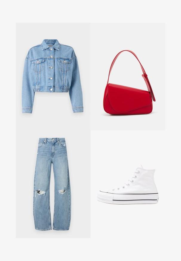 Light blue cropped denim jean jacket with two front pockets, metal buttons, and a gathered hem for a fitted appearance.; Black oversized t-shirt featuring a graphic of a bear with the text “NOT CUTE BUT WILD” in bold, white lettering. Cotton material.; Light blue, high-waisted jeans made of denim. Feature wide legs, two torn knee areas, and classic five-pocket styling.; White high-top canvas sneaker with black rubber sole, front rubber toe cap, and six eyelets for laces, featuring a clean, minimalist design.; Red leather handbag with an angular, geometric design. Features a single adjustable strap and a flap closure with stitched detailing.