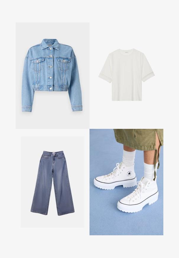 Jaqueta de ganga cropped azul clara com dois bolsos frontais, botões de metal e uma bainha franzida para um visual ajustado.; T-shirt branco de manga curta feito de algodão, com bainha de renda decorativa nas mangas e decote redondo.; Calças de ganga de perna larga numa lavagem azul clara, com uma cintura alta, bolsos frontais e fecho de botão com passadores para cinto.; Sapatilhas brancas de cano alto com parte superior em lona texturizada, biqueira de borracha e sola plataforma grossa branca. Apresenta detalhes e ilhós em preto.