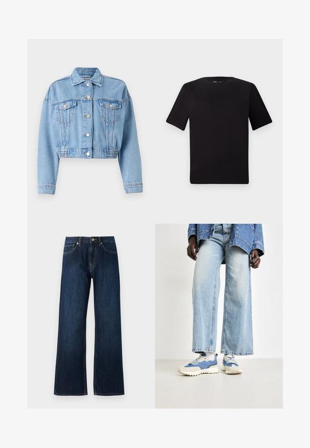 Šviesiai mėlyna trumpa džinsinė striukė su dviem priekinėmis kišenėmis, metaliniais mygtukais ir surinktu apvadu, užtikrinančiu prigludusią išvaizdą.; Juodas trumpas rankovės marškinėlis su apvaliu iškirpimu, pagamintas iš minkštos medvilnės medžiagos. Paprastas dizainas, be matomų logotipų ar raštų.; Platus kojų tamsiai mėlyni džinsai, pagaminti iš džinsinio audinio, su užtrauktuku, mygtuko uždarymu ir dviem priekinėmis kišenėmis su kontrastinga siuvimo linija.; Mėlynų džinsų plačių kojų kelnės, derinamos su mėlynais ir kremiškai baltais sportbačiais, turinčiais tekstūruotą audinį ir raištelius, prieš neutralų foną.