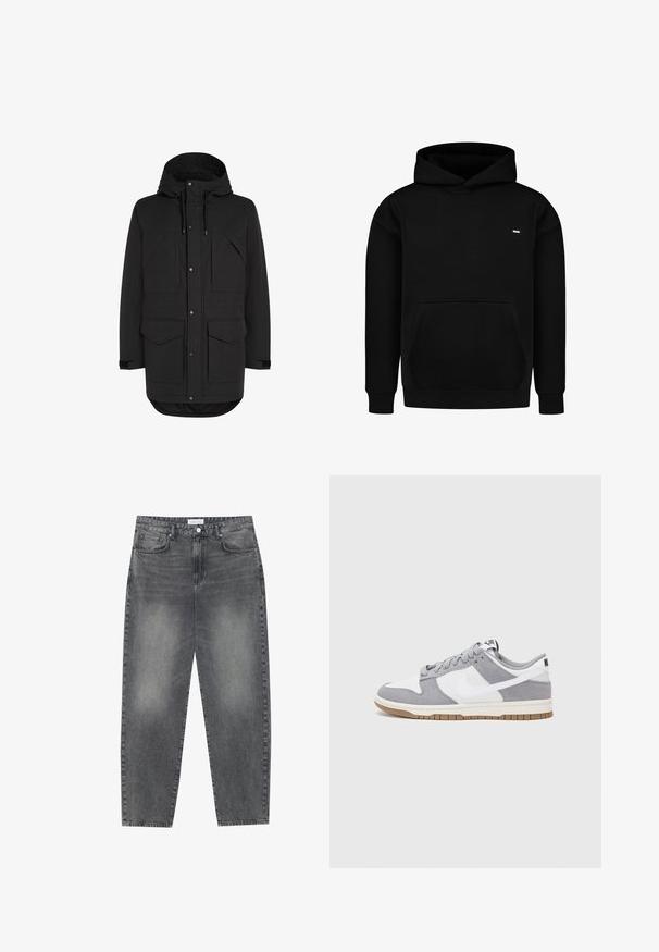 Czarna parka do kolan z kapturem, cztery przednie kieszenie z klapami, zapięcie na napy i zamek błyskawiczny oraz regulowane mankiety.; Czarna bluza z kapturem wykonana z mieszanki bawełny, posiadająca przednią kieszeń, ściągacz u dołu i przy mankietach oraz małe logo na piersi.; Jeansy z wysokim stanem, luźne, w wyblakłym czarnym deninie. Posiadają pięć kieszeni, szlufki na pasek oraz prosty, klasyczny krój nogawek.; Szare i białe trampki z zamszową i skórzaną cholewą, okrągłym noskiem, płaskimi sznurówkami i gumową podeszwą z akcentem w kolorze gumy.