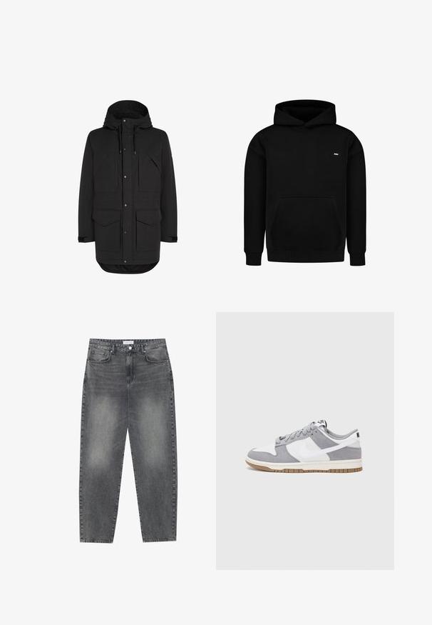 Zwarte parka jas tot de knie met capuchon, vier voorzakken met kleppen, drukknoop- en ritssluiting, en verstelbare mouwbanden.; Zwarte hoodie gemaakt van katoenmix stof. Voorzien van een steekzak aan de voorkant, geribbelde boorden en zoom, en een klein logo op de borst. Eenvoudig ontwerp.; Hoge taille, losvallende jeans van vervaagd zwart denim. Beschikt over vijf zakken, riemlussen en een schone, rechte broekspijp ontwerp.; Grijze en witte sneaker met een bovenwerk van suede en leer, ronde neus, platte veters en een rubberen zool met een gumaccent.