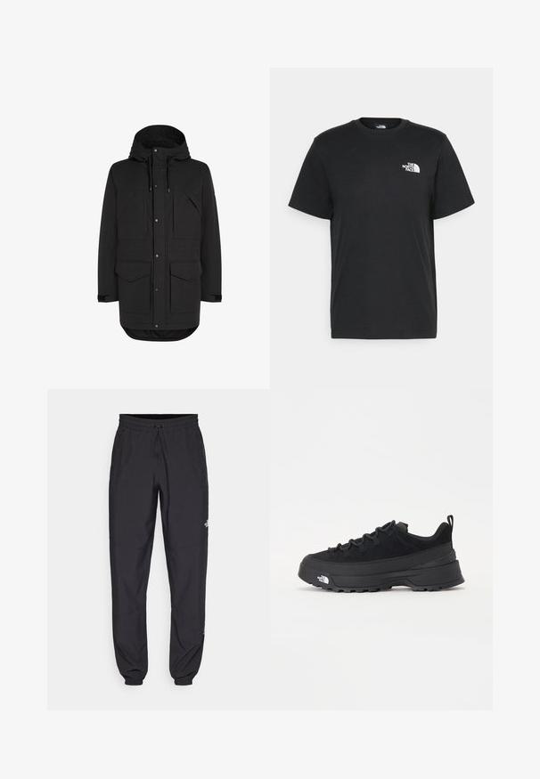 Melnas ceļa garuma parka jakas ar kapuci, četriem priekšējiem kabatām ar atlokiem, ar spiedpogām un rāvējslēdzēja aizdari, kā arī regulējamiem aproču siksnām.; Melna kokvilnas T-krekls ar īsām piedurknēm, apaļu kakla izgriezumu un mazu balto logotipu kreisajā krūtīs. Vienkāršs dizains, gluda tekstūra un brīvs piegriezums.; Melni sporta bikses, kas izgatavotas no viegla auduma, ar savelcamu jostu, sānu kabatām un sašaurinātiem apakšējiem galiem pie potītēm.; Melni āra sporta apavi ar zamšādas virsu, teksturētu gumijas zoli un izturīgu auklu sistēmu. Iezīmēts ar pastiprinātu papēdi un zīmola logo sānu daļā.