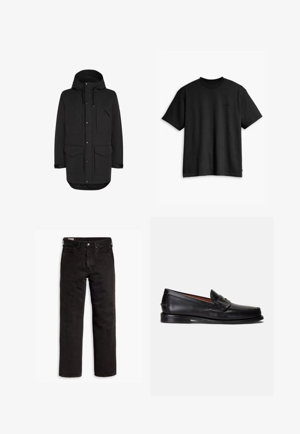 Parka negra de longitud hasta la rodilla con capucha, cuatro bolsillos frontales con solapas, cierre de botón a presión y cremallera, y tiras ajustables en las muñecas.; Camiseta de algodón negra con cuello redondo y mangas cortas. Presenta un sutil logotipo en la parte delantera y un dobladillo recto. Diseño simple y minimalista.; Vaqueros de mezclilla negros de pierna recta con cinco bolsillos, cierre de botón y trabillas para cinturón, dispuestos sobre un fondo blanco.; Mocasines de cuero negro con acabado liso, punta redondeada y una banda decorativa en la parte superior. Presentan una suela baja negra.