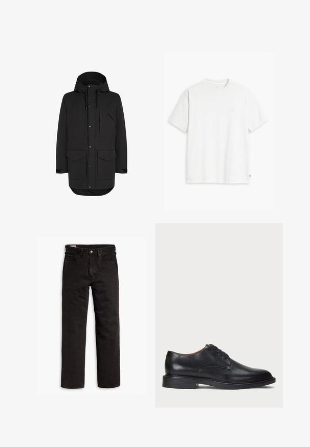 Parka negra de longitud hasta la rodilla con capucha, cuatro bolsillos frontales con solapas, cierre de botón a presión y cremallera, y tiras ajustables en las muñecas.; Camiseta de algodón blanca con mangas cortas, cuello redondo y un sutil logo "Levi's" impreso en color claro en la parte frontal.; Vaqueros de mezclilla negros de pierna recta con cinco bolsillos, cierre de botón y trabillas para cinturón, dispuestos sobre un fondo blanco.; Zapato de vestir de cuero negro con punta redonda, diseño con cordones y un tacón bajo apilado. Textura lisa con detalles de costura mínimos.