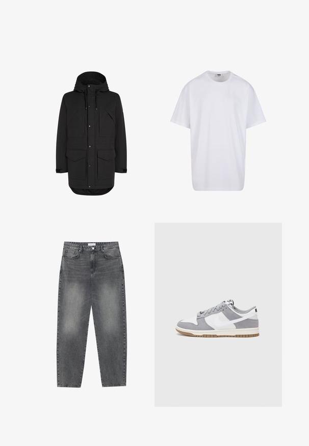 Parka nera fino al ginocchio con cappuccio, quattro tasche frontali con patta, chiusura con bottone a pressione e zip, e polsini regolabili.; Maglietta bianca in cotone con maniche corte, scollatura rotonda, vestibilità comoda e senza loghi o motivi visibili. Texture liscia e design minimale.; Jeans a vita alta, dal taglio ampio in denim nero sbiadito. Presentano cinque tasche, passanti per cintura e un design dritto e pulito.; Sneaker grigia e bianca con tomaia in suede e pelle, punta arrotondata, lacci piatti e soletta in gomma con un accento color caramello.