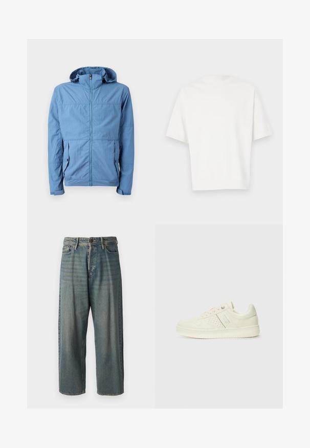 Heled sinine, lukuga jakk kapuutsiga. Valmistatud tekstureeritud kangast. Omab küljetaskuid ja voolujoonelist disaini, millel on minimaalsed õmblused.; Valge lühikeste varrukatega T-särk, mis on valmistatud pehmest kangast. Ümar kaelus, mugav lõige ja lihtne disain ilma kaunistuste või mustriteta.; Heledad sinine denim-stiilis teksad, volüümse lõike, keskmise kõrgusega talje ja sirgete säärega. Omab viit taskut, vöökumme ja nööpide sulgemist.; Koor valged tossud perforatsiooni detailide, nööpide ja külje logo ka, esitatud ühtlase valge tausta ees.