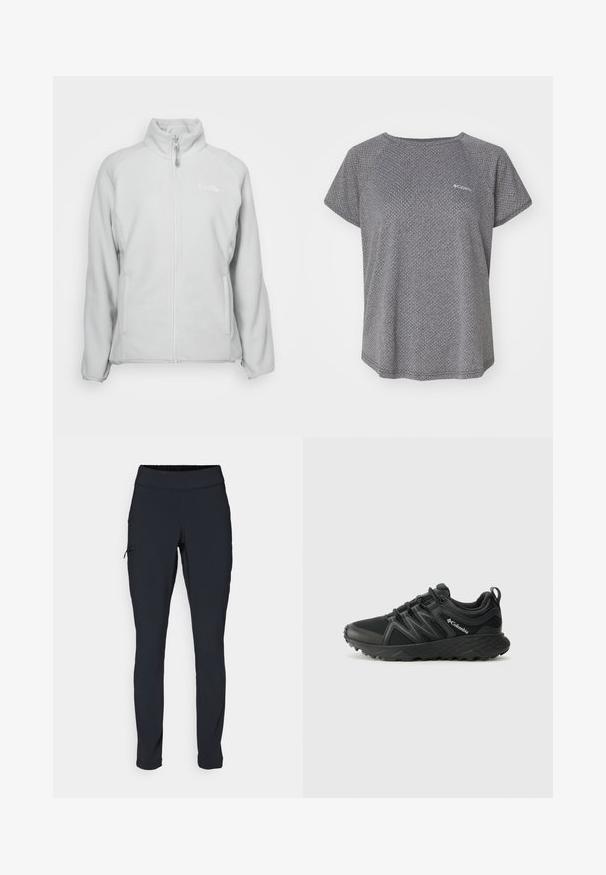 Lys grå fleecejakke med højere hals, lynlåslukning, lange ærmer og sidelommer. Glat tekstur og minimalistisk design.; Grå kortærmet skjorte med et subtilt struktureret mønster, rund halsudskæring og Columbia-logo på brystet. Blødt stof, afslappet pasform.; Svarte atletiske bukser med slim fit, elastisk talje og en side lomme med lynlås. Glat, strækbart stof med minimale sømme.; Columbia PEAKFREAK - Hikingsko - black