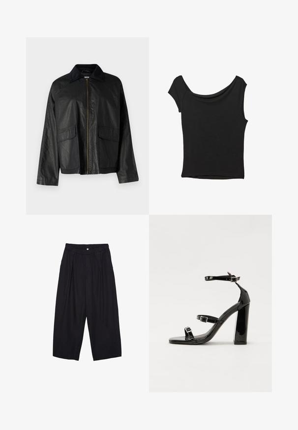 Črna usnjena jakna s prednjim zadrgo, teksturiranim ovratnikom, dvema sprednjima žepoma in sproščenim krojem. Ima gladko površino in minimalne podrobnosti.; Črna kratka majica s kratkimi rokavi iz gladkega blaga; ima drapiran izrez in asimetrično spodnjo rob, s prilegnjenim telesom.; Črne poliesterske culotte hlače z elastičnim pasom, dvema sprednjima nabiranjema in ohlapnim krojem. Brez vidnih vzorcev ali kovinskih detajlov.; Črne lakirane sandale s peto, kvadratnim prstom, trakovi okrog gležnja in srebrnimi zaponkami. Opremljene so s stabilno Debelo peto.