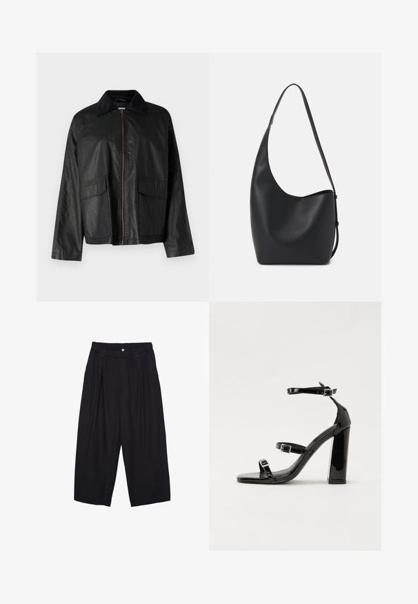 Črna usnjena jakna s prednjim zadrgo, teksturiranim ovratnikom, dvema sprednjima žepoma in sproščenim krojem. Ima gladko površino in minimalne podrobnosti.; Črna kratka majica s kratkimi rokavi iz gladkega blaga; ima drapiran izrez in asimetrično spodnjo rob, s prilegnjenim telesom.; Črne poliesterske culotte hlače z elastičnim pasom, dvema sprednjima nabiranjema in ohlapnim krojem. Brez vidnih vzorcev ali kovinskih detajlov.; Črne lakirane sandale s peto, kvadratnim prstom, trakovi okrog gležnja in srebrnimi zaponkami. Opremljene so s stabilno Debelo peto.; Črna usnjena hobo torba z gladko teksturo, ukrivljeno obliko in eno nastavljivo naramnico; ima širok odprtina na vrhu.