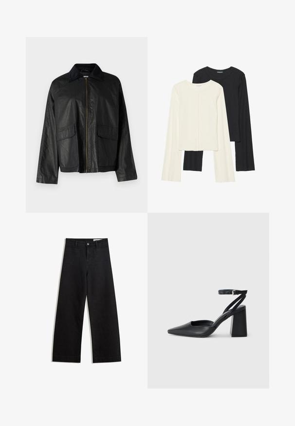 Schwarze Lederjacke mit Reißverschluss vorne, texturiertem Kragen, zwei Fronttaschen und lockerer Passform. Sie verfügt über eine glatte Oberfläche und minimale Details.; Set aus zwei Langarmoberteilen in Weiß und Schwarz. Rippstruktur, Rundhalsausschnitt, figurbetontes Design mit leicht ausgestellten Ärmeln.; Schwarze weit geschnittene Jeans mit hoher Taille, ausgestattet mit Vorder- und Hintertaschen, gesteppten Nähten und einem Knopfverschluss. Glatte Textur.; Schwarze Leder-Pumps mit spitzer Zehe, einem Knöchelriemen und einem blockigen Absatz. Flache Textur, elegantes Design und minimalistische Ästhetik.