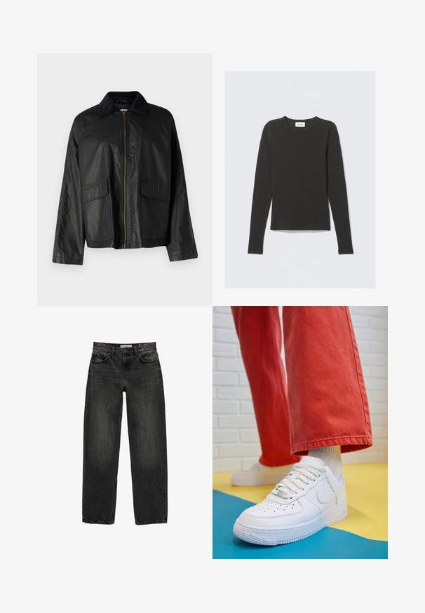 Mustat nahkatakki, jossa on vetoketjukiinnitys, teksturoitu kaulus, kaksi etutaskua ja rento malli. Omaaa sileän pinnan ja minimaalista yksityiskohtaisuutta.; Musta pitkähihaisen pyöreäkauluksinen paita, jossa on pieni valkoinen etiketti, jossa lukee "WEEKDAY", kauluksen sisäpuolella, esitetty vaalealla taustalla.; Mustat farkut rentoa istuvuutta, suora lahje, viisi taskua ja hieman haalistunut pinnan rakenne. Napin ja vetoketjun sulku edessä.; Valkoinen nahkakengät, joissa on rei'itetty varvasosa, teksturoitu pohja ja valkoiset nauhat, yhdistettynä leveisiin punaisiin housuihin ja sinikeltaiseen taustaan.
