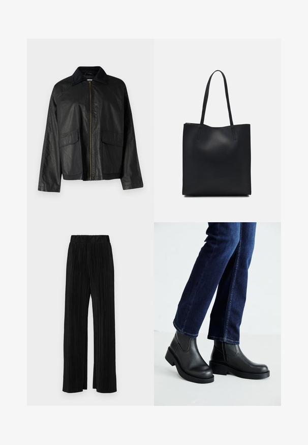 Čierna kožená bunda s predným zipsom, štruktúrovaným golierom, dvoma prednými vreckami a voľným strihom. Vyznačuje sa hladkým povrchom a minimálnym detailom.; Čierne tričko s krátkym rukávom vyrobené z mäkkého bavlneného materiálu. Má okrúhly výstrih a priliehavý strih. Hladká textúra bez vzorov alebo akcentov.; Čierne plisované nohavice s elastickým pásom. Majú široké nohavice a hladkú, textúrovanú látku s vertikálnymi pruhmi.; Čierne kožené členkové čižmy s robustnou podrážkou a bočnými elastickými panelmi, skombinované s tmavomodrými džínami. Pôda je svetlá.; Čierna kožená taška na rameno s hladkým povrchom, obdĺžnikovým tvarom a dvoma dlhými uchami. Bez viditeľného kovania alebo ozdôb.