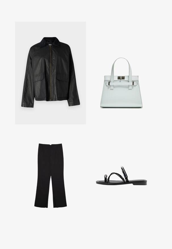 Crna kožna jakna s patentnim zatvaračem sprijeda, teksturiranim ovratnikom, dva prednja džepa i opuštenim krojem. Ima glatku površinu i minimalne detalje.; Crni top bez rukava od pamuka, s okruglim izrezom i širokim izrezima za ruke. Glatka tekstura s ušivenim rubovima. Klasičan, minimalistički dizajn.; Crne hlače ravnog kroja, s prednjim džepovima i bočnim prorezima na rubu. Izrađene od mekog i glatkog materijala. Pogodne za razne prigode.; Crne ravne sandale s sjajnom završnom obradom, tri tanke trake i kružna metalna detalj na prstu. Elegantni dizajn s minimalnim potplatom.; Svijetloplavi ručni kovčeg sa strukturiranim dizajnom, dva držača i kopčom od srebrnastog metala. Teksturirani materijal i oštri kutovi.