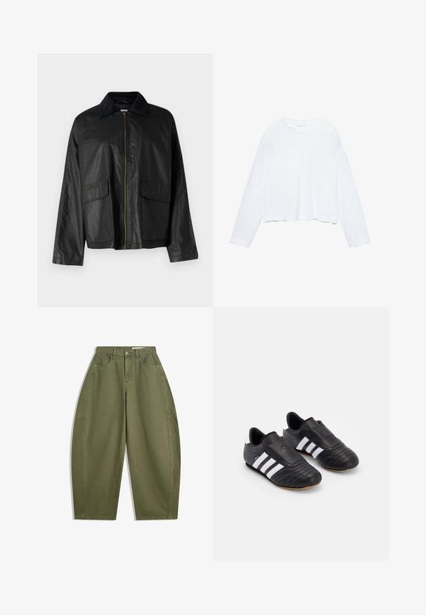 Giubbotto di pelle nera con zip frontale, colletto testurizzato, due tasche anteriori e vestibilità rilassata. Presenta una superficie liscia e dettagli minimi.; T-shirt cropped bianco a maniche lunghe, realizzato in tessuto morbido, presenta un collo rotondo e una vestibilità rilassata con maniche a giro. Design semplice e pulito.; Pantaloni a gamba larga verde oliva in cotone, con vita alta, tasche frontali e una superficie liscia. Senza decorazioni né motivi.; Scarpe da calcio nere con tomaia in pelle testurizzata, dotate di una parte anteriore imbottita, tre strisce bianche sui lati e una suola in gomma naturale.