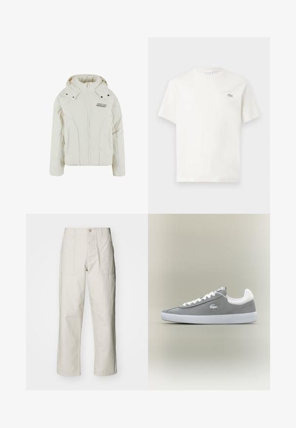Balta paminkštinta striukė su aukštu apykakle, užtrauktuku priekyje ir kapuce. Yra metalinės snapelės ir logotipo aplikacija kairėje krūtinės pusėje.; Balta medvilninė marškinėliai trumpomis rankovėmis, su subtiliu išsiuvinėtu logotipu ir minimalistišku dizainu. Minkšta tekstūra, apvalus kaklas.; Šviesiai pilki plačius kelnes, pagamintas iš medvilnės. Yra priekinės kišenės ir mygtuko uždarymas. Lygus paviršius su subtiliomis vertikaliomis linijomis.; Pilkšvi zomšiniai sportbačiai su balta guma, raištelių uždaromas, su išsiuvinėtu logotipu šone. Minimalistinis dizainas su klasikinėmis formomis.