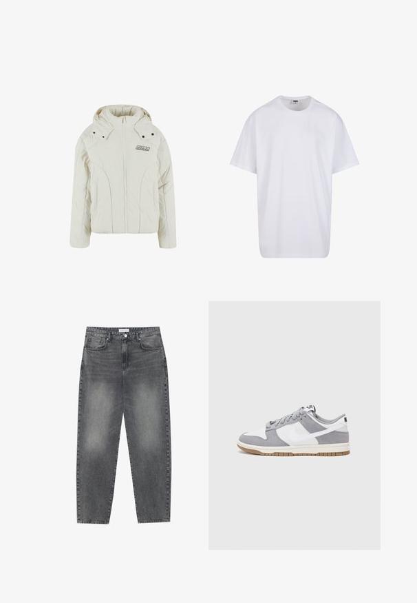 Biely vypchávany kabát s vysokým golierom, predným zipsom a kapucňou. Obsahuje kovové patentky a logo nášivka na ľavej hrudi.; Biela bavlnená tričko s krátkymi rukávmi, okrúhlym výstrihom, uvoľneným strihom a žiadnymi viditeľnými logami alebo vzormi. Hladká textúra a minimálny dizajn.; Vysoké, voľné džínsy z vyblednutého čierneho denimu. Obsahujú päť vreciek, pútka na opasok a čistý, rovný strih nohavíc.; Sivé a biele tenisky s vrchom z semišu a kože, zaoblenou špičkou, plochými šnúrkami a gumovou podrážkou s akcentom vo farbe gumy.