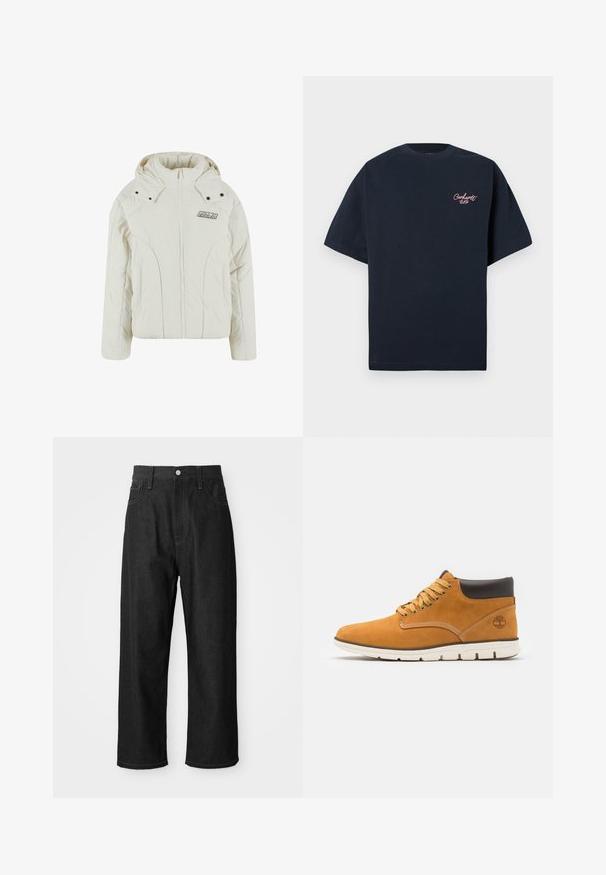 Valge padjaga jakk kõrgema kraega, lukuga ees ja kapuutsiga. Omab metallnuppe ja logo märki vasakul rinnapiiril.; Tumedat sinine puuvillane T-särk lühikeste varrukatega, millel on vasakul rinna piirkonnas väike roosa tikandiga logo ja klassikaline ümar kaelus.; Mustad teksad, millel on mugav lõige, kõrge talje, tõmblukk ja viie tasku disain. Silmatorkavad õmblused üle kogu.; Pruunist suede'ist looderdised kingad polsterdatud kraega, kuldsete silmade ja paeltega, kontrastse õmblusega ning valge kummist tallaga.