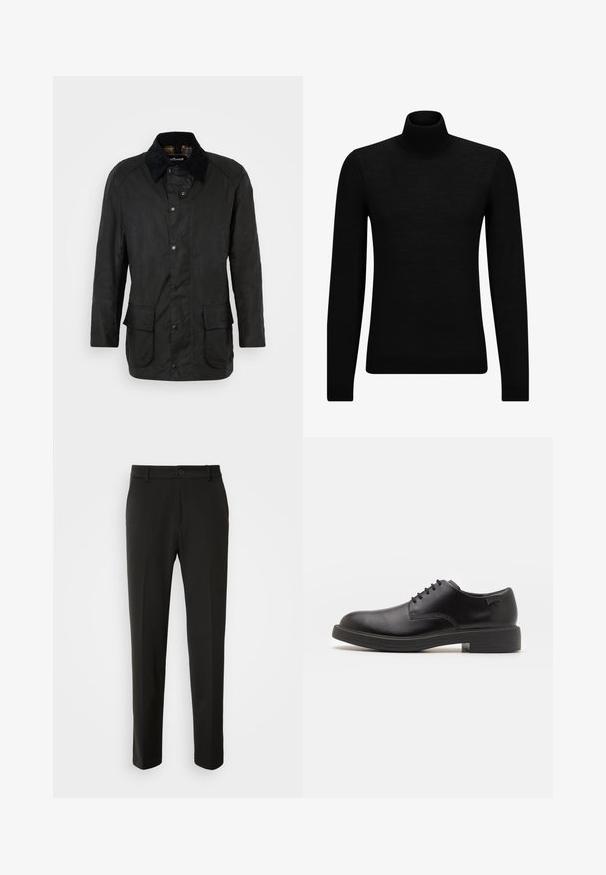 Černá voskovaná bavlněná bunda s kordovým límcem, s patentkami a dvěma předními kapsami. Má klasický střih a texturovaný povrch.; Černý rolák vyrobený z měkkého materiálu, s dlouhými rukávy a těsným střihem. Hladký lem na spodním okraji a manžetách. Jednoduchý design.; Černé kalhoty vyrobené z hladkého materiálu, s rovnými nohavicemi, zapínáním na knoflík a klasickým designem vhodným pro formální i neformální nošení.; Černé kožené šněrovací boty s kulatou špičkou, hladkým povrchem, minimálním prošíváním a nízkým gumovým podpatkem. Logo na patě.