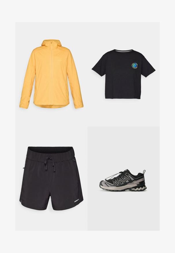 Kollane kerge jakk kapuutsiga, täielik esi-lukk ja elastsed mansetid. Materjal näib olevat sile ja veekindel, sisaldades peenet logo.; Must musta lühikeste varrukatega T-särk, millel on rinnal ringikujuline mitmevärviline logo. Otse lõpp ja mugav lõige.; Mustad mustad ujumispüksid kergest kangast, elastse vöökoha, paelaga ja küljetaskutega funktsionaalsuse jaoks.; Must mustriline ja hallid spordijalatsid, millel on võrgu ülemine osa, kummist põhi ja elastne nööri süsteem. Omab tugevdatud varvaskatet ja tekstuursete aktsentidega detaile.