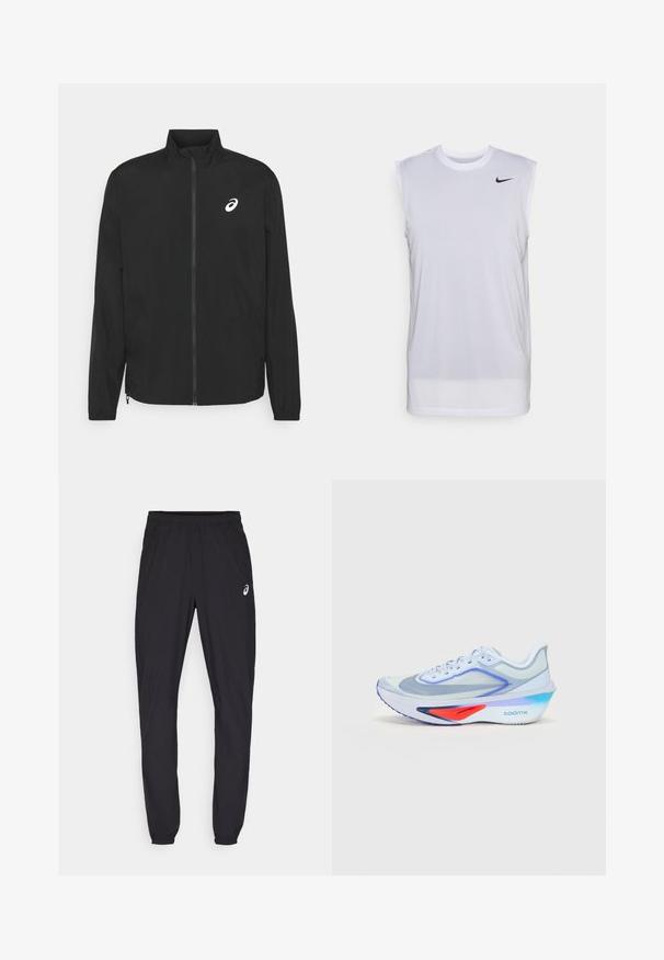 ASICS CORE JACKET - Vindjakke - performance black; Hvit ermeløs treningsskjorte laget av lett materiale. Har rund hals og en liten svart Nike-logo på øvre venstre side.; Svarte treningsbukser med elastisk midje og tilpassede mansjetter. Har en subtil logo aksent på venstre lår. Glatt, lett stoff.; Lyseblå løpesko med mesh-overdel, hvite snørebånd, lilla detaljer og en rød detalj på mellomsålen. Har en buet såle og "ZOOMX"-merke.