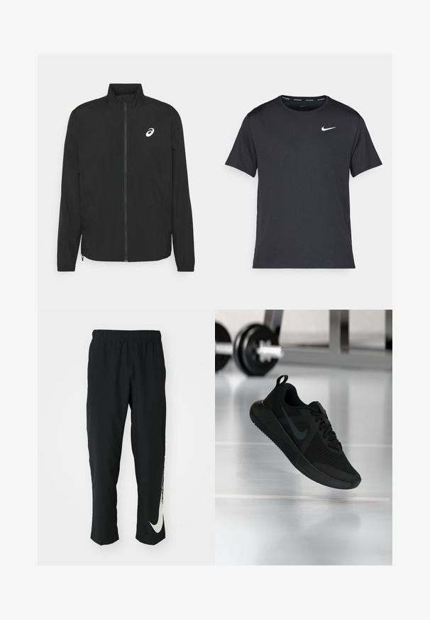 ASICS CORE JACKET - Windbreakers - performance black; Sort Nike løbe T-shirt lavet af let, åndbart materiale, med korte ærmer og et lille hvidt logo på brystet.; Sorte træningsbukser med elastisk talje, der taper ind, og har et stort hvidt Nike-logo på venstre ben. Blødt, letvægtsstof.; Sort atletiksko med en tekstureret mesh-overdel, gummisål og en fremtrædende mørk swoosh-logo. Har en polstret krave og snørelukning.