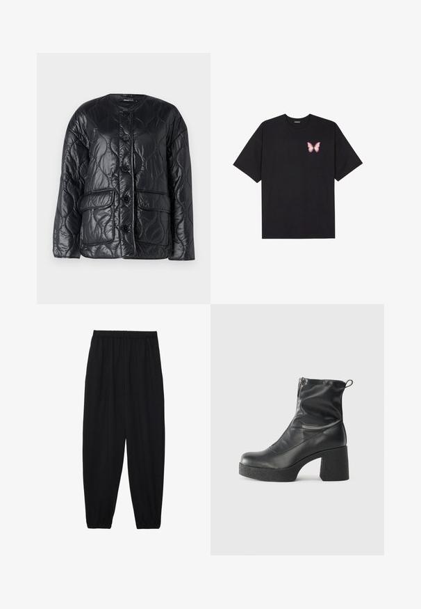Svart, quiltad jacka i ett glänsande, slätt material. Har rund halsringning, knäppning med knappar och framfickor.; Svart bomullströja med korta ärmar, med en liten rosa fjärilsgrafik på vänster bröst. Rundad halsdesign med en avslappnad passform.; Svarta, lätta byxor med elastisk midja och samlade ankleder. Tyget är slätt och har en avslappnad, avsmalnande design.; Svarta ankelstövlar i slitstark läder, med sidodragkedja, kraftig strukturerad klack och rundad tådesign.