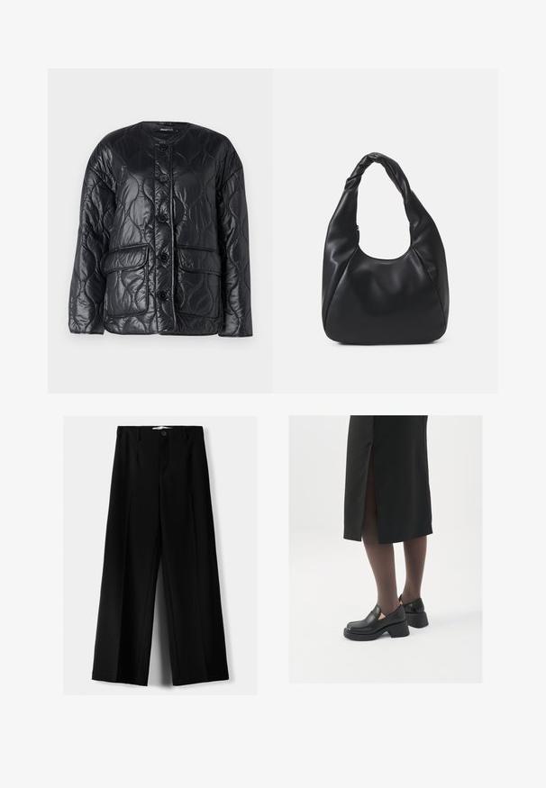 Svart, quiltad jacka i ett glänsande, slätt material. Har rund halsringning, knäppning med knappar och framfickor.; Två ärmlösa ribbade polotröjor i svart och vitt, med en figursydd design och slät textur, i en kortad längd.; Svarta vida byxor i lätt material, med knappstängning fram och platt front, samt väl sydda fållar.; Svarta läderskor med rund tå, tjock klack utan häl och elastiska sidodetaljer, kombinerat med mörka strumpbyxor och en svart kjol med slits.; Svart hobo-väska i slätt läderliknande material med ett tvinnat handtag, med en mjuk, rundad form och dragkedjestängning upptill.