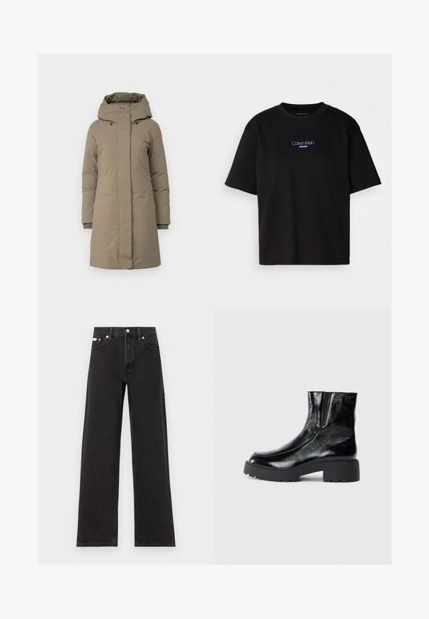 Cappotto imbottito kaki con chiusura a zip e bottoni, cappuccio rimovibile, polsini a coste, texture liscia e design fino al ginocchio.; T-shirt nera in cotone con colletto rotondo, maniche corte e logo ricamato blu "Calvin Klein JEANS" sul davanti.; Jeans neri a gamba larga in denim, con vita alta, styling a cinque tasche e chiusura con bottone metallico e cuciture a contrasto.; Stivali neri alla caviglia con una finitura in pelle laccata lucida, suola in gomma nera spessa e tacco rialzato; include un discreto dettaglio del logo sul lato.