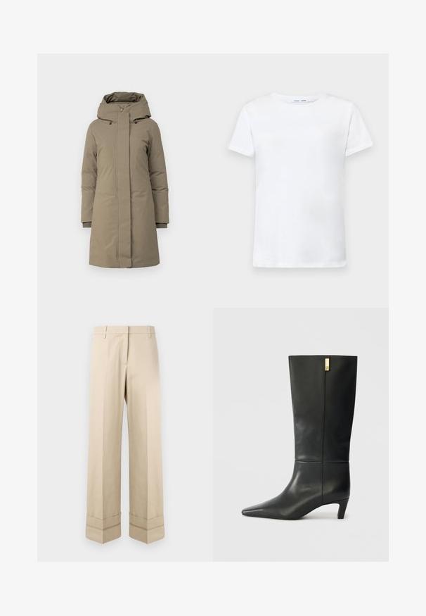 Manteau rembourré kaki avec fermeture éclair et à bouton, capuche amovible, poignets côtelés, texture lisse et longueur jusqu'aux genoux.; T-shirt blanc à manches courtes en coton avec un col ras du cou. Texture lisse et coupe droite, sans motifs ni accents.; Pantalons beige avec une coupe droite, dotés d'un double revers au bas et d'un design à plat à l'avant. Fabriqués en tissu lisse et durable.; Botte noire en cuir, montant jusqu'au genou, avec un bout pointu et un petit talon. Design épuré avec un détail en accent doré. Texture lisse.