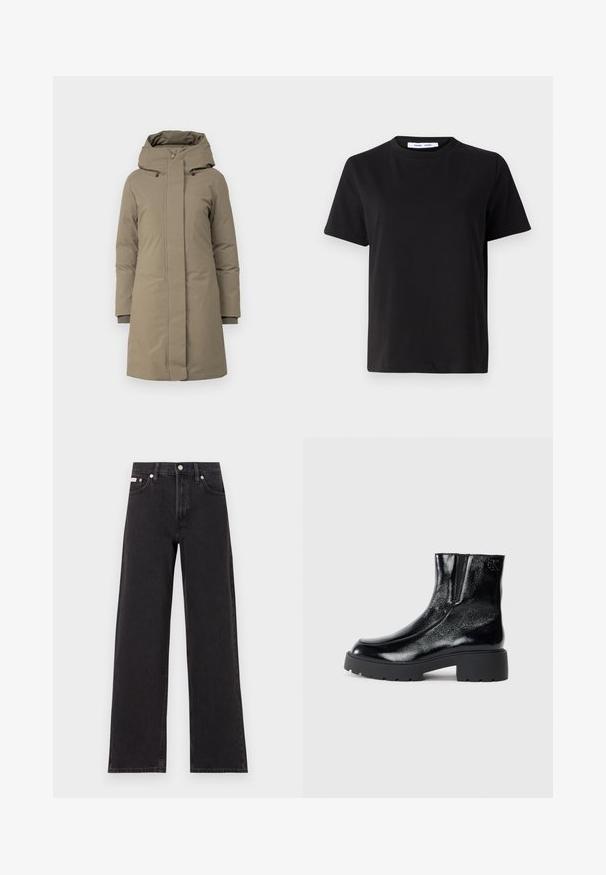 Cappotto imbottito kaki con chiusura a zip e bottoni, cappuccio rimovibile, polsini a coste, texture liscia e design fino al ginocchio.; T-shirt nero a maniche corte realizzato in morbido cotone, con scollatura rotonda, vestibilità rilassata e una superficie liscia. Nessun motivo o grafica visibile.; Jeans neri a gamba larga in denim, con vita alta, styling a cinque tasche e chiusura con bottone metallico e cuciture a contrasto.; Stivali neri alla caviglia con una finitura in pelle laccata lucida, suola in gomma nera spessa e tacco rialzato; include un discreto dettaglio del logo sul lato.