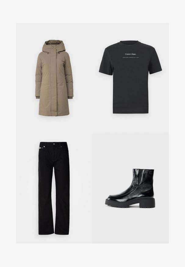Khaki-Steppjacke mit Reißverschluss- und Knopfverschluss, abnehmbarem Kapuzen, gerippten Bündchen, glatter Textur und knielangem Design.; Schwarzes Baumwoll-T-Shirt mit Rundhalsausschnitt, kurzen Ärmeln und weißem Druck des "Calvin Klein" Logos sowie dem Text "Established 1968".; Schwarze Denim-Hosen mit geradem Bein, fünf Taschen, silbernen Nieten und einem Knopfverschluss. Der Stoff hat eine glatte, leicht strukturierte Oberfläche.; Schwarze Knöchelstiefel mit glänzender Lackleder-Oberfläche, einer kräftigen gummierten schwarzen Sohle und Absatz; mit dezentem Logodetail an der Seite.