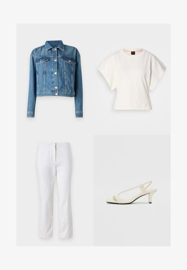 Giacca di jeans azzurro chiaro con design cropped, dotata di due tasche sul petto, bottoni a pressione argentati e colletto classico.; T-shirt bianca cropped, maniche corte e larghe, tessuto di cotone morbido, scollatura rotonda con bordino arancione sottile, design minimale, senza motivi o grafiche.; Pantaloni bianchi in cotone con design a gamba dritta, caratterizzati da una vita a media altezza e senza hardware o motivi visibili. Tessuto liscio su tutta la superficie.; Sandali con tacco a blocco beige, con sottili cinturini e punta quadrata. Materiale liscio con dettagli minimi, progettati per un facile utilizzo.