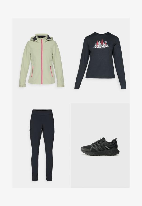 Icepeak BRENHAM - Soft shell jacket - asparagus; Long-sleeve dark gray shirt with a graphic of red trees and mountains; "COLUMBIA" logo in bold white text. Soft fabric, standard crew neck.; Black athletic pants with a slim fit, elastic waistband, and a side pocket featuring a zipper. Smooth, stretchy fabric with minimal seams.; Columbia PEAKFREAK - Hiking shoes - black