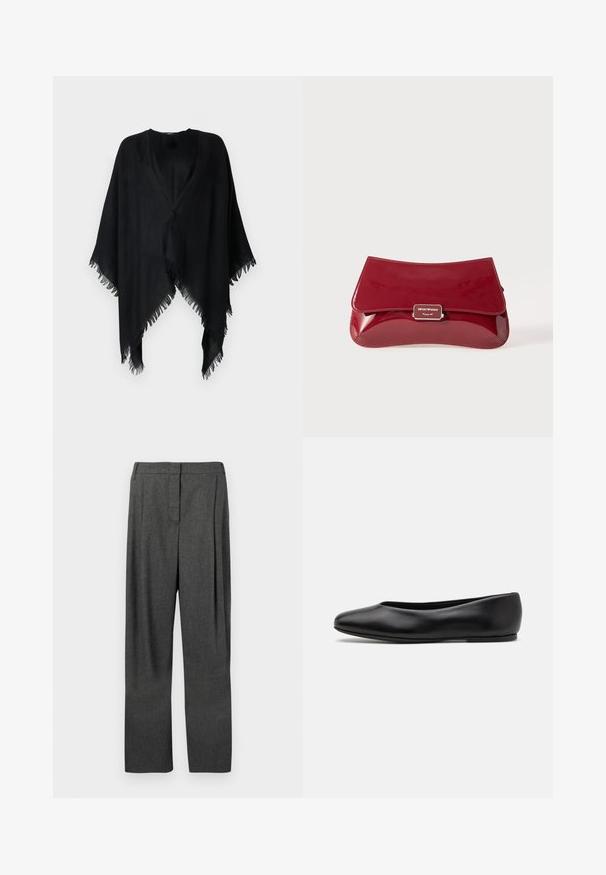 WEEKEND MaxMara TABACCO - Cape - black; Chemise blanche à manches longues avec col mandarin et patte de boutonnage dissimulée, affichée sur fond blanc.; Pantalons gris ajustés en tissu tissé, présentant une jambe droite, des plis à l'avant et une texture lisse.; Paul Smith TOPANGA - Ballerines - black; Sac à main en cuir verni rouge avec un design incurvé, rabat pliable et un accent logo en métal sur une plaque en argent. Texture lisse et brillante.